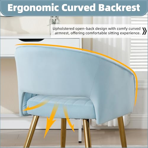 Velvet Home Office Desk Vanity Chair, No Wheels, Gold Legs, Light Blue | Modern Accent Chair with Stylish Stripe Design, Spacious‌ Soft Seat for Girls & Women Bedroom Makeup or Nail Table - color: Blue Velvet, No Wheels