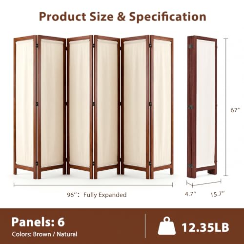 Wood Room Divider Panel with Linen Fabric, Boho Folding Privacy Screen 67" | Two Way Hinges, No-Assembly Required, Freestanding Screen For Bedroom, Living, Office or Apartment - color: Walnut, size: 6 Panel