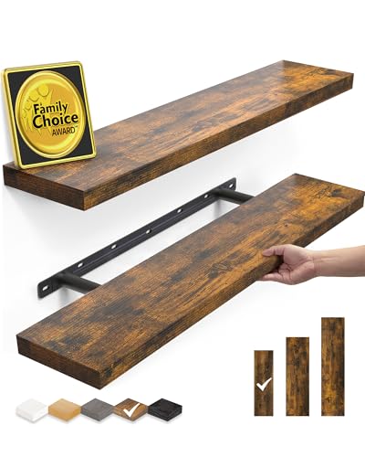 BAYKA Rustic Brown Floating Shelves 22.5in, Set of 2, Wall Mount Wood Shelf | Easy Install, 22lbs Max Load, Hidden Bracket, for Bathroom Bedroom Living Room or Kitchen, Hanging Shelf Book Decor Storage - color: B. Rustic Brown - Americana Farmhouse Style,