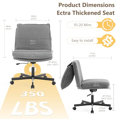 Fizzin Cross Cross Chair Memory Foam Armless with Wheels Home Office Grey - color: Grey
