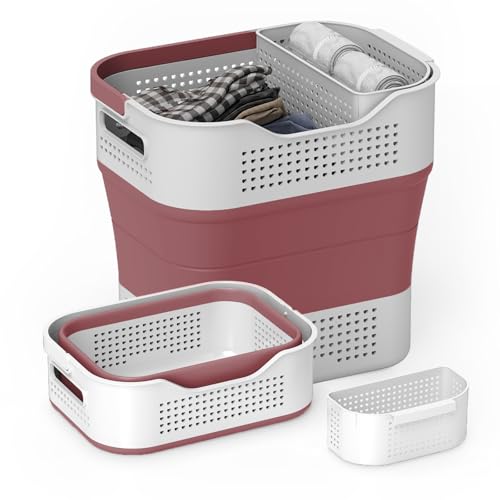 TECHMILLY Collapsible Plastic Laundry Basket Hamper with Handles, 35L Portable Rubber Clothes Basket, Pop Up Storage Container/Organizer with Hanging basket for Washing & Storage, Red - color: Red, size: 35L
