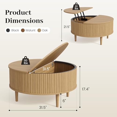 31.5" Round Coffee Table with Lifting Top, Storage for Living Room, Oak | Fluted Center Table, Mid Century Modern Design for Home Office and Small Space with 4 Hidden Compartments - color: Oak
