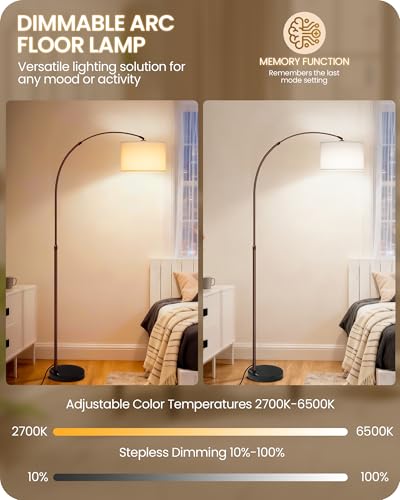 75" Arc Floor Lamp with Marble Base and Adjustable Height, Rotating Hanging Shade, Dimmable Floor Lamp for Living Room with Remote and Foot Switch, 3CCT, Over Couch Arched Light, White Brown VW15LD05 - color: Brown + White