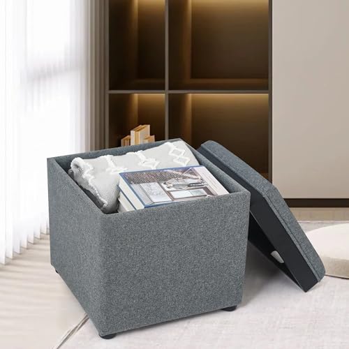 Storage Square Ottoman with Tray, Small Linen Foot Rest Stool Cube, Coffee Table for Dorm Living Room Bedroom, Gray - color: Tray, Grey
