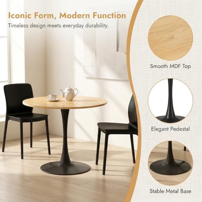 Small Round Dining Table 32" Tulip Table with Metal Pedestal, Wood | Tulip Table with Metal Pedestal & Thick MDF Top, Mid Century Small Bistro Table for Kitchen & Living Room - color: Natural Wood-b, size: 31.5"D x 31.5"W x 29.1"H