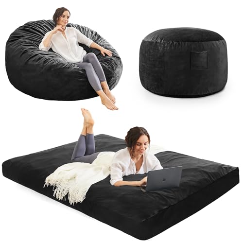 Bean Bag Chairs for Adults - Giant Bean Bag Convertible Floor Sofa | 3 IN 1 Lounger Couch Sofa, Memory Foam Filling, Removable Velvet Cover, Machine Washable, in Bedroom Living Room, Youth Black - color: Carbon Black, size: Youth