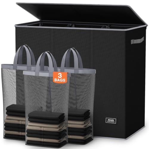 SOLEDI Large Laundry hamper 3 Section with Laundry Bag, XL Clothes Basket | 3-Section Large capacity Laundry Sorter with Odor-Blocking Lid, Robust Iron Frame & Waterproof 600D Fabric, 3 Washable Bags - color: Black, size: 180L