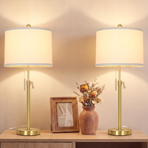 Qingmiao Gold Table Lamps Set of 2, 22" to 30" Adjustable, 3 Way Bulbs | Adjustable Height Nightstand Lamps for Bedroom,Dimmable End Table Lamp for Living Room Console Entry Home Decor Gifts - color: Gold with Metal Base