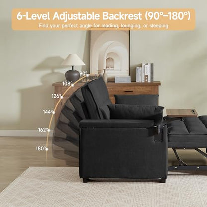 66" Multi-Functional Pull-Out Sofa Bed with Hidden Side Table, Storage Armrests, Built-in Charging Port, Spring Mattress, Solid Wood Frame – Ideal for Small Spaces, Easy Assembly - color: 1007-black