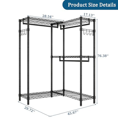 L Shaped Heavy Duty Garment Rack with Shelves, Black | Heavy Duty Clothes Rack with 3 Hanging Rods & 5 Shelves, Freestanding Adjustable Garment Rack for Bedroom - size: 58.27''W×17.13D''×76.38''H