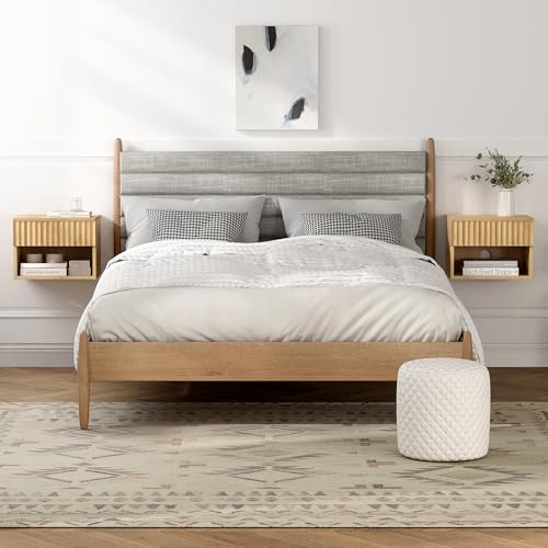 Small Floating Nightstand Set of 2, Modern Fluted Night Stand with Drawer and Open Storage Shelf Wall Mounted Bedside Tables Natural Oak - color: Natural Oak, size: 2 PCS