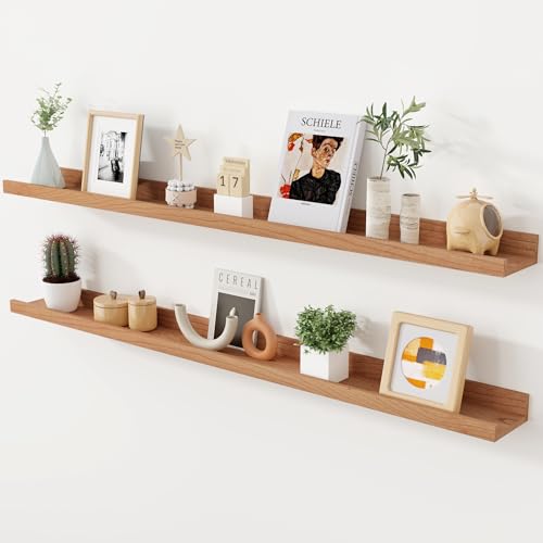 Cherry Picture Ledge Shelf, 48 Inch Floating Shelves Set of 2, Solid Wood Wall Shelves with Lip, Wall Decor Storage for Bedroom Living Room Bathroom Kitchen Nursery Photo, Natural Cherry - color: Cherry, size: 48inch