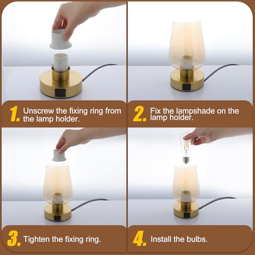 Touch Bedside Table Lamp with Glass Shade, Gold Modern Small Lamp for Bedroom Living Room Nightstand, 3 Way Dimmable Desk Lamp with USB C+A+AC Outlet Charging Ports, 800LM LED Bulb Included - color: Gold