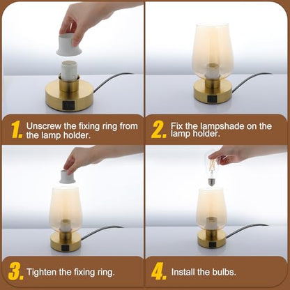 Touch Bedside Table Lamp with Glass Shade, Gold Modern Small Lamp for Bedroom Living Room Nightstand, 3 Way Dimmable Desk Lamp with USB C+A+AC Outlet Charging Ports, 800LM LED Bulb Included - color: Gold
