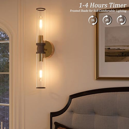 Rayogale Gold & Walnut Wireless Battery Operated Wall Sconces with Remote | Glass Rechargeable Wall Lights Set of 2 with Timer Function Dimmable for Living Room Bedroom Emergency 3000K, 20.5 Inch - color: Gold & Walnut(Clear Tubular Lampshade)