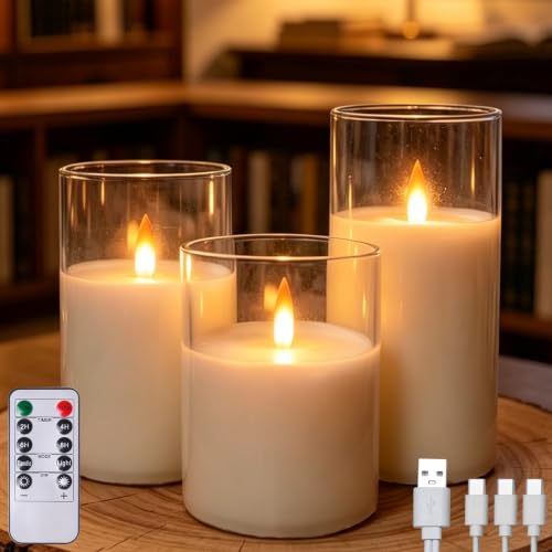 200 Hours Clear Glass Rechargeable Flickering Flameless Candles with Remote | LED Pillar Fake Candles, Real Wax Clear Color for Halloween, Christmas, Home Party Fall Decor, Ideal Gift for Women - color: 3PCs-Clear White