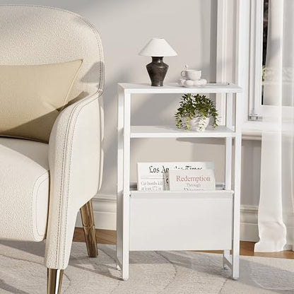 Narrow Side Table, Slim End Table with Magazine Rack, Skinny Bedside Table for Small Spaces, 3 Tier Sofa Couch Table Nightstand for Living Room, Bedroom, White LET503W - color: White, style: No Charging Station