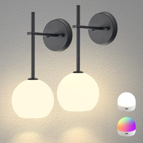 Black Battery Operated Wall Sconces Set of 2, Rechargeable Wireless Wall Lights with Milky White Frosted Glass Shade, 12 RGB and 3CCT Dimmable, Wall Lamps with Remote for Bedroom Living Room Hallway - color: Black