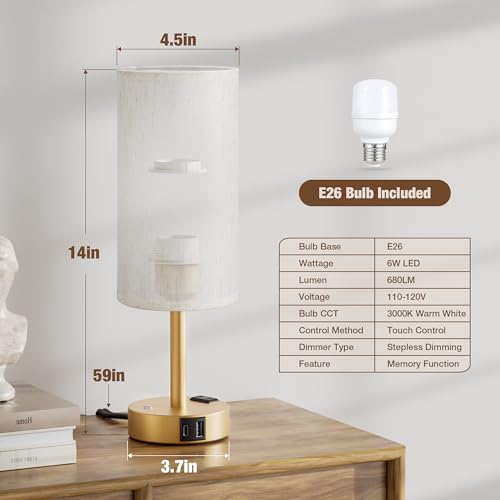 Gold Touch Bedside Lamp for Bedroom, Stepless Dimmable, USB A+C, AC Outlet | Base Touch Button Only, Memory Brightness, Ultra-dim Night Light, Included Bulb for Optimal Dimming, Cream Fabric Shade, Desk - color: Beige & Gold