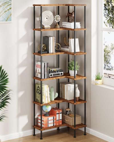 6-Tier L-Shaped Corner Bookshelf, 67" Tall Modern Corner Shelf | L-Shape Corner Fits Living Room, Bedroom, or Home Office Corners, Open Shelves, Display Rack for Books, Plants, and More - color: Rustic Brown, size: 6 Tier