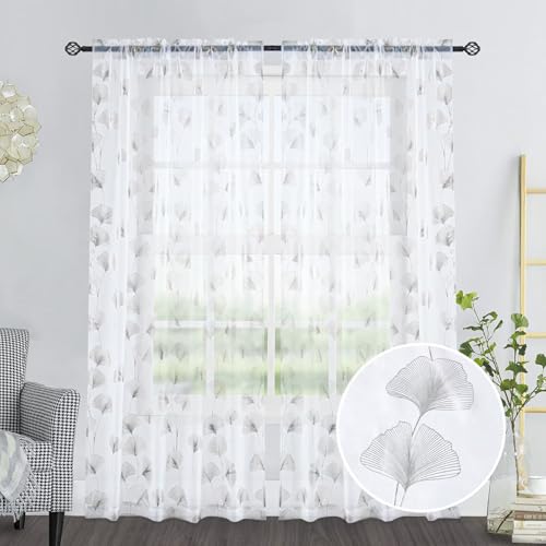 Silver Foil Print Sheer Curtains 84 inches Long, 2 Panels Ginkgo Bronzing Treatment Sheer Curtain, Rod Pocket Window Treatment Panels for Bedroom Living Room - color: Ginkgo/Silver/White, size: 52"W x 84"L (Pack of 2)
