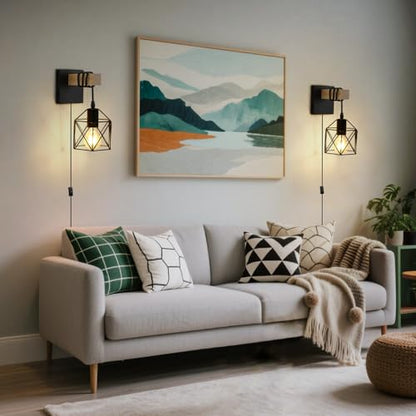 Lightess Farmhouse Plug in Wall Sconces Lamps for Bedroom Set of 2 | Easy Plug In Installation Without Wiring Work Industrial Wall Lights Metal Cage Lampshade Black Wall Mounted for Living Room - size: plug in