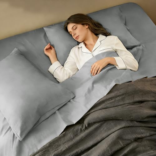 Twin Sheet Sets, Cotton Blended Breathable Bed Sheets 4 Piece, Deep Pocket Up to 14", 1 Fitted Sheet, 1 Flat Sheet and 2 Pillowcases (Grey, Twin) - color: Grey-4pcs Sheet Set, size: Twin