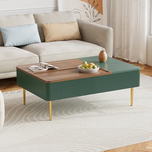 HLR 47" Dual Lift Top Coffee Table with Storage, Modern Wood Fluted Coffee Table with Hidden Compartment,Lift Tabletop Dining Center Table for Living Room, Office (Green)