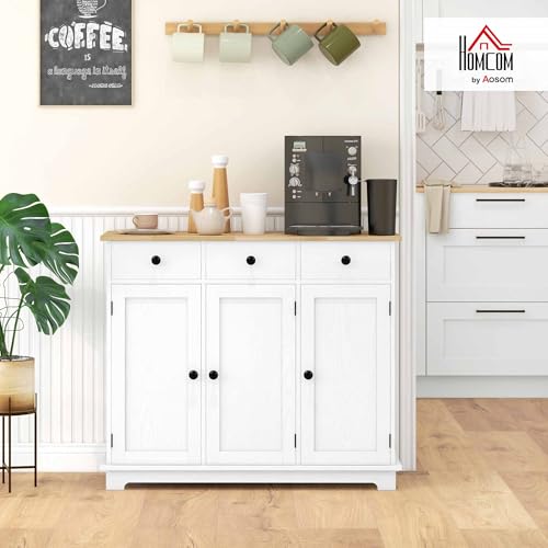 HOMCOM Sideboard Buffet Cabinet Solid Wood Countertop Distressed White | Modern Kitchen Storage, Coffee Bar Cabinet, 3 Drawers, Doors, Adjustable Shelf - color: Distressed White, size: 39.75" x 15.75" x 33.5"