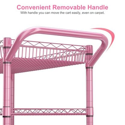 Pink Rolling Utility Cart with Wheels, 990Lbs Heavy Duty Metal Cart with Handle & Shelf Liners, NSF Certified 3-Tier Storage Trolley for Esthetician, Kitchen, Salon & Craft Room, Pink - color: Pink-3 Tier