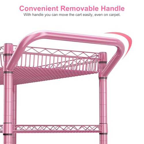 Pink Rolling Utility Cart with Wheels, 990Lbs Heavy Duty Metal Cart with Handle & Shelf Liners, NSF Certified 3-Tier Storage Trolley for Esthetician, Kitchen, Salon & Craft Room, Pink - color: Pink-3 Tier