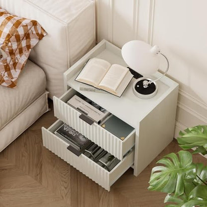 Nightstand with 2 Storage Drawers & Charging Station, Wooden Top Bedside Table for Bedroom,Suitable for Beside The Bed in The Bedroom, White (1pcs)