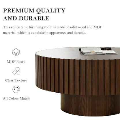 Round Fluted Drum Coffee Table with Pedestal Base | 31.5'' Modern Brown Wooden Drum Center Table, Handcrafted Solid Wood Fluted Edge, For Living Room & Apartment - color: Round Brown