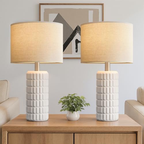 Seealle 23" Modern Ceramic Table Lamps Set of 2, Lamps for Bedroom, White | Lamps for Living Room, Bedroom, Bedside, Night Stands, End Table, Desk, Farmhouse Home Decor - color: White
