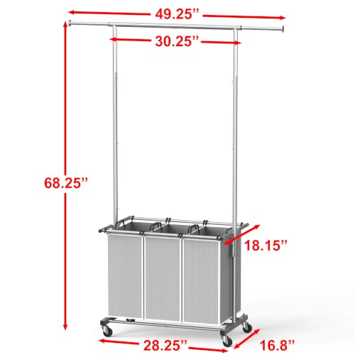 Simple Houseware Laundry Sorter Cart with Hanging Rod, Silver | Extendable Width from 30.6 to 48", Removable 3-Section Laundry Basket - color: Silver