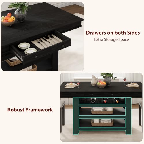 Counter Height Dining Table with Storage, Retro Black | 60" wide top seats 4-6 with deep wine rack, 2 drawers and 3 shelves for family dining, entertaining and apartment kitchens - color: Retro Black