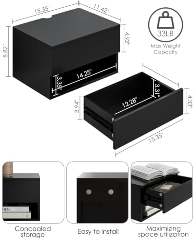 Modern Black Floating Nightstand with Drawer, Small Wall Mount Shelves | Small Space Saver, Modern Minimalist Design, Wall Mounted Shelves, for Bedroom, Bathroom, Living room, Easy Assembly, Black - color: Black