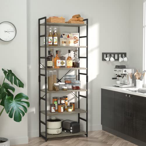 NUMENN 6 Tier Bookshelf, Tall Freestanding Open Storage Bookcase, Grey | Storage Organizer with Metal Frame & Wood Shelves, Support Bars & Adjustable Feet for Bedroom, Living Room & Home Office - color: Grey, size: 6 Tier