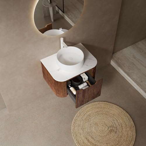 24” Floating Bathroom Vanity with Sink, Fluted Wall-Mounted Solid Wood Cabinet, White Ceramic Round Basin, Faux Marble Top, Soft-Close Drawer, Pre-Assembled, Walnut Woodgrain - color: 04 - Walnut Woodgrain, size: 24"