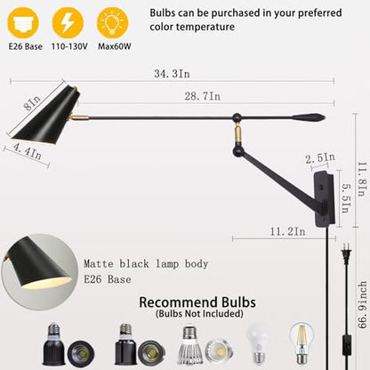Adjustable Directional Plug in wall Light Swing arm, Unique Long Pole wall Lamps for Living Room Sofa Background Wall, Movable Retro Style Dining Table Large wall Mount lamp, E26 Base - color: Black Gold