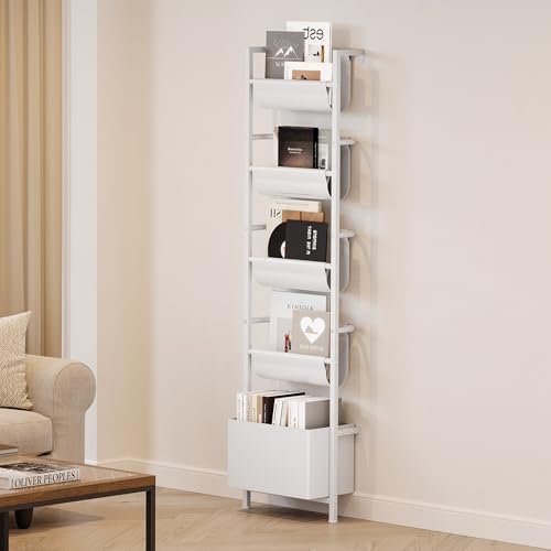 Homeiju Wall Mounted Kids Bookshelf with Storage Bin, 5-Tier Ladder Shelf, Suitable for Books, Toys, Magazines, Documents, Albums, White - color: White