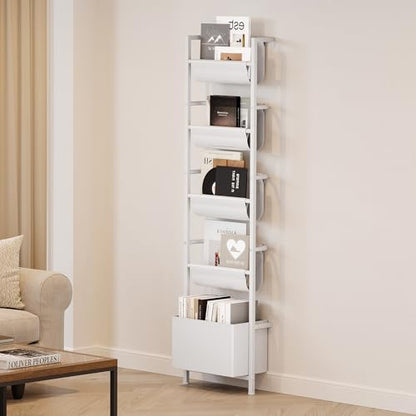 Homeiju Wall Mounted Kids Bookshelf with Storage Bin, 5-Tier Ladder Shelf, Suitable for Books, Toys, Magazines, Documents, Albums, White - color: White
