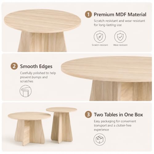 Nesting Coffee Table Set of 2, Round Wooden Coffee & Side Tables with Tapered Base, Natural Wood Finish, Modern Accent Furniture for Living Room Bedroom, Space-Saving Design - color: Natural Wood, size: Nesting Coffee Table Set