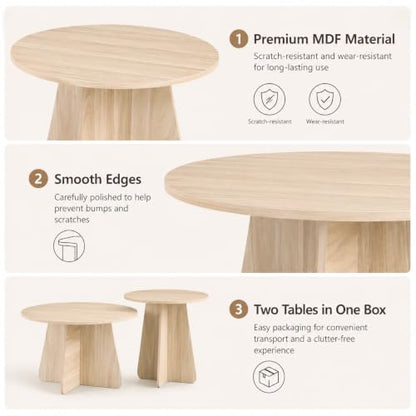 Nesting Coffee Table Set of 2, Round Wooden Coffee & Side Tables with Tapered Base, Natural Wood Finish, Modern Accent Furniture for Living Room Bedroom, Space-Saving Design - color: Natural Wood, size: Nesting Coffee Table Set