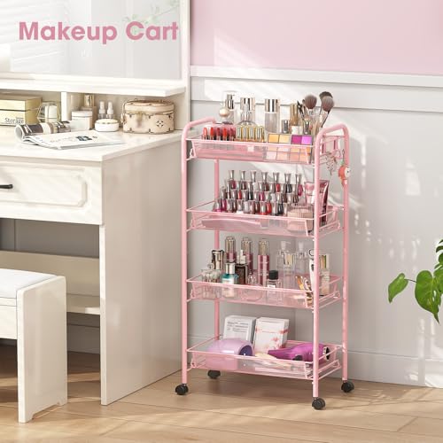 TOOLF 4 Tier Rolling Cart, Metal Utility Storage Cart with Wheels, Pink | 3 Hooks, Screwless Assembly, Trolley Organizer for Bathroom, Kitchen, Office, Nursery, Dorm, Laundry Room - color: Pink, size: 4-Tier