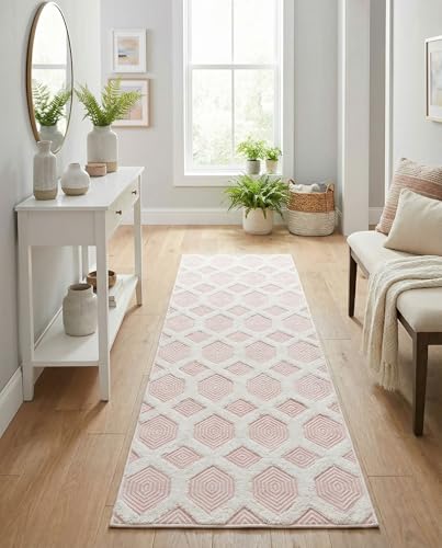 Rugs.com - Sabrina Soto Casa Rug – 12 Ft Runner Pink Textured Cotton Rug – Modern Geometric Style for Hallways and Entryways - color: Pink, size: 2'7" x 12' (Runner)