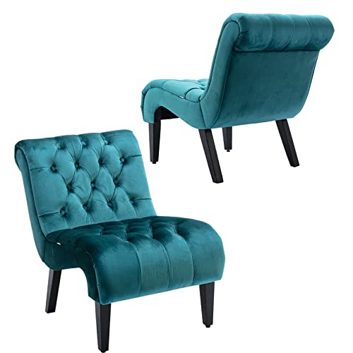 Comfy Velvet Accent Chair Set of 2, Tufted Armless Chair with Rolled Edge | Modern Small Lounger for Living Room, Upholstered Reading Chaise Lounge with Solid Rubber Wood Legs, Teal - color: Teal, size: Set of 2