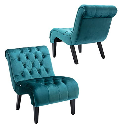 Comfy Velvet Accent Chair Set of 2, Tufted Armless Chair with Rolled Edge | Modern Small Lounger for Living Room, Upholstered Reading Chaise Lounge with Solid Rubber Wood Legs, Teal - color: Teal, size: Set of 2