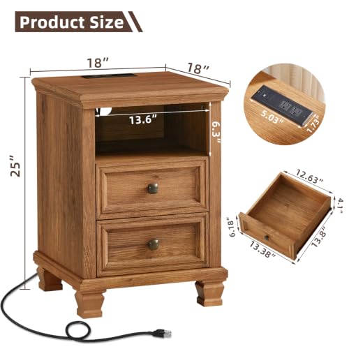 Farmhouse Nightstand with Charging Station, Brown | End Tables Bedroom with 2 Drawers, Traditional Night Stand with Open Shelf & Thickened Top & Square Wooden Legs - color: Brown, size: 18"D x 18"W x 25"H (2 Drawers)