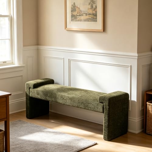 Upholstered Entryway Bench, 58.7" Modern Bedroom Bench, Green | Sherpa Fleece, Curved Armrests, Solid Wood Frame, End of Bed, Bedroom, Living Room, Hallway - color: Green-sherpa, size: 58.7"